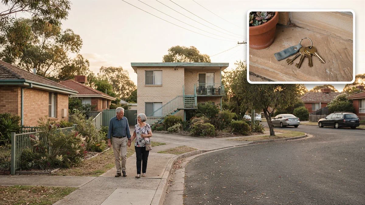A row of Australian suburban houses and a nearby block of rental units
